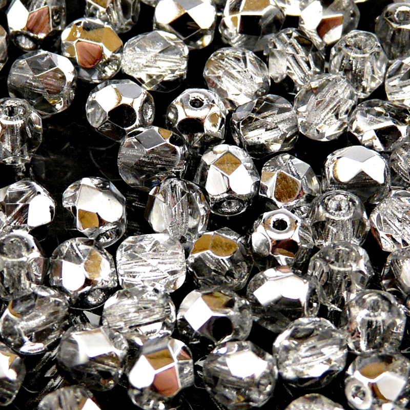50ks České skleněné broušené ohňovky kulička 6mm čirá/ hliník polopokov