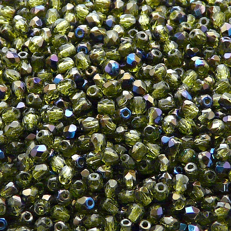 100ks České skleněné broušené ohňovky kulička 3mm olivín/ azuro polopokov