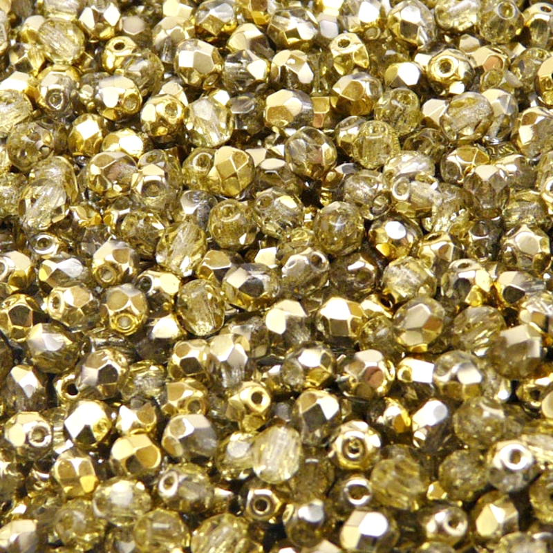 100ks České skleněné broušené ohňovky kulička 4mm čirá/ zlato polopokov