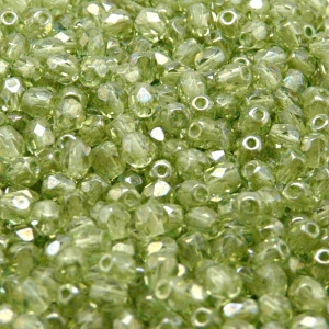 100ks České skleněné broušené ohňovky kulička 4mm čirá/ světle zelený listr
