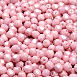 100ks České skleněné broušené ohňovky kulička 4mm bílá/ růžový lila listr