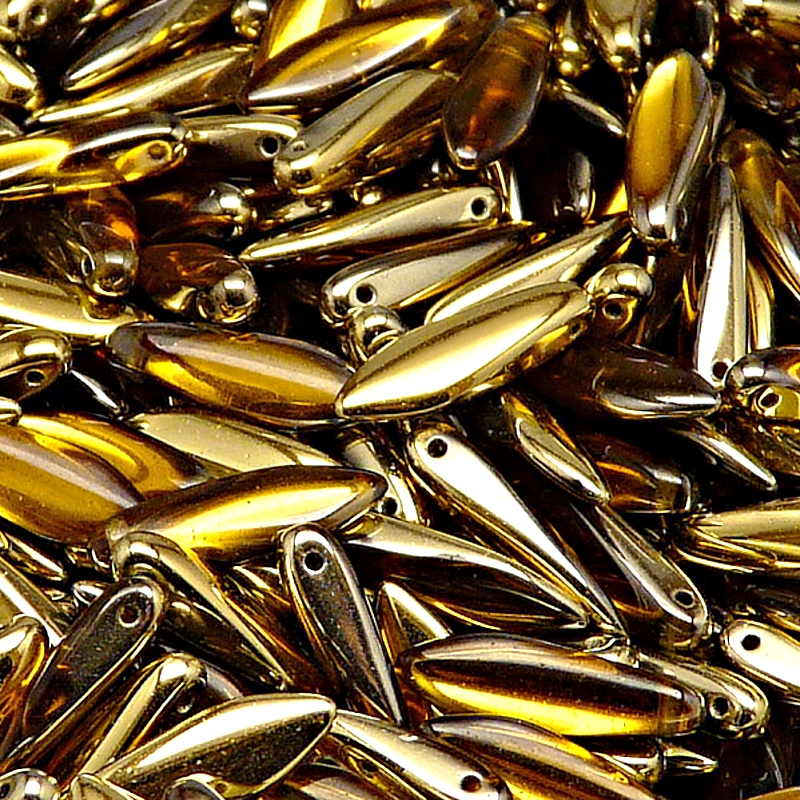 30ks České skleněné mačkané korálky jazýčky 5x16mm topas/ zlato polopokov