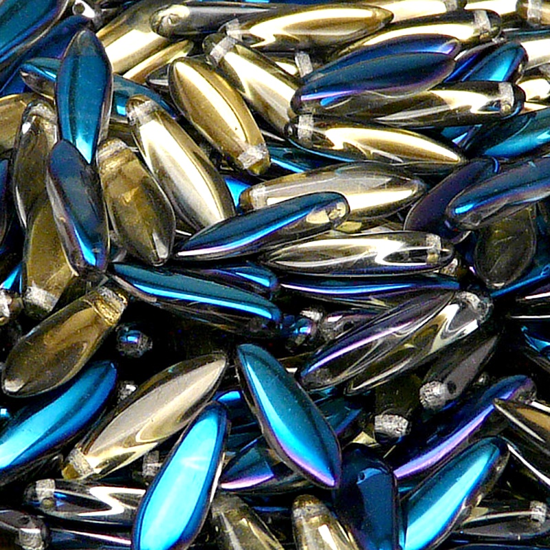 30ks České skleněné mačkané korálky jazýčky 5x16mm čirá/ blue flare polopokov