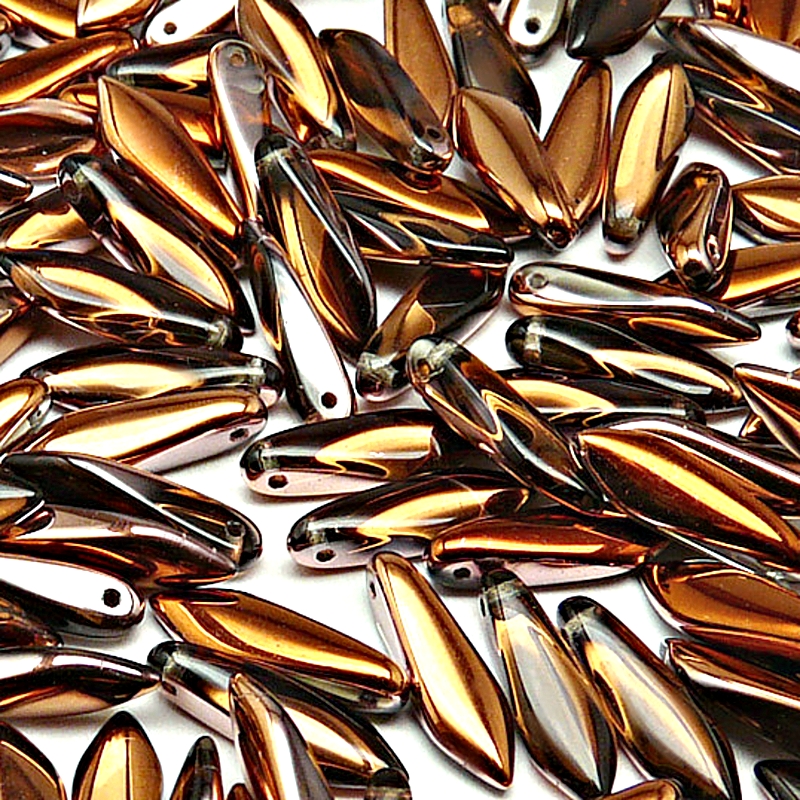 30ks České skleněné mačkané korálky jazýčky 5x16mm kouřová šedá/ sun set polopokov