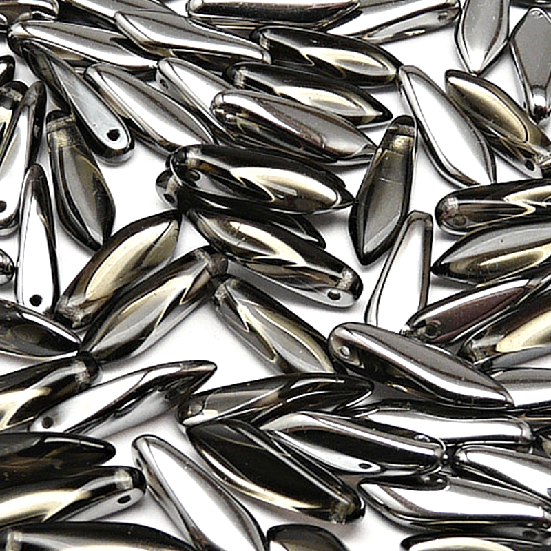 30ks České skleněné mačkané korálky jazýčky 5x16mm kouřová šedá/ chrom polopokov