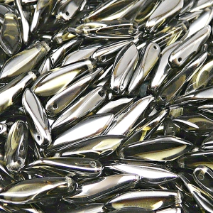 30ks České skleněné mačkané korálky jazýčky 5x16mm kouřová šedá/ chrom polopokov