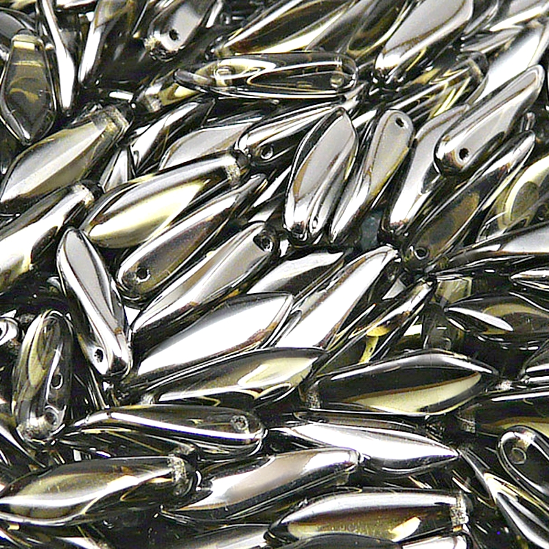 30ks České skleněné mačkané korálky jazýčky 5x16mm kouřová šedá/ chrom polopokov