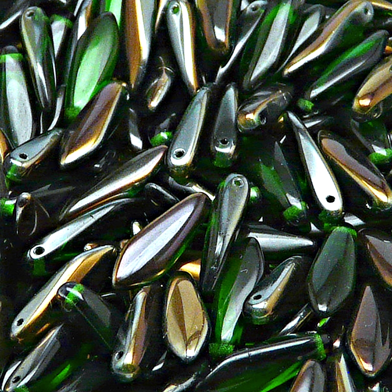 30ks České skleněné mačkané korálky jazýčky 5x16mm chrysolit/ valentinit polopokov