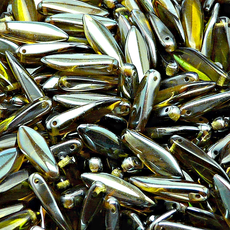 30ks České skleněné mačkané korálky jazýčky 5x16mm olivín/ celsian polopokov