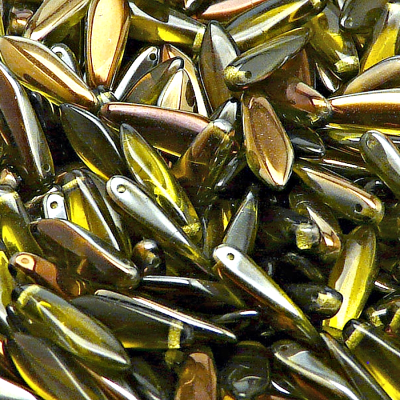 30ks České skleněné mačkané korálky jazýčky 5x16mm olivín/ valentinit polopokov