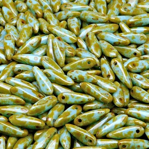 50ks České skleněné mačkané korálky jazýčky 3x11mm modrý tyrkys/ travertin