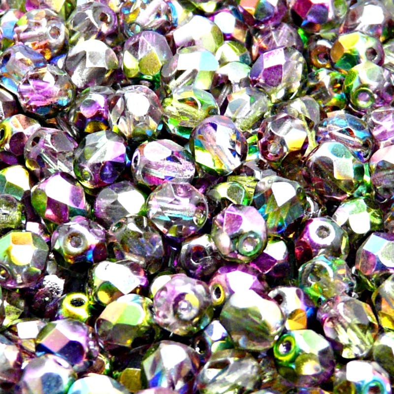 50ks České skleněné broušené ohňovky kulička 6mm čirá/ fialovo zelený magic