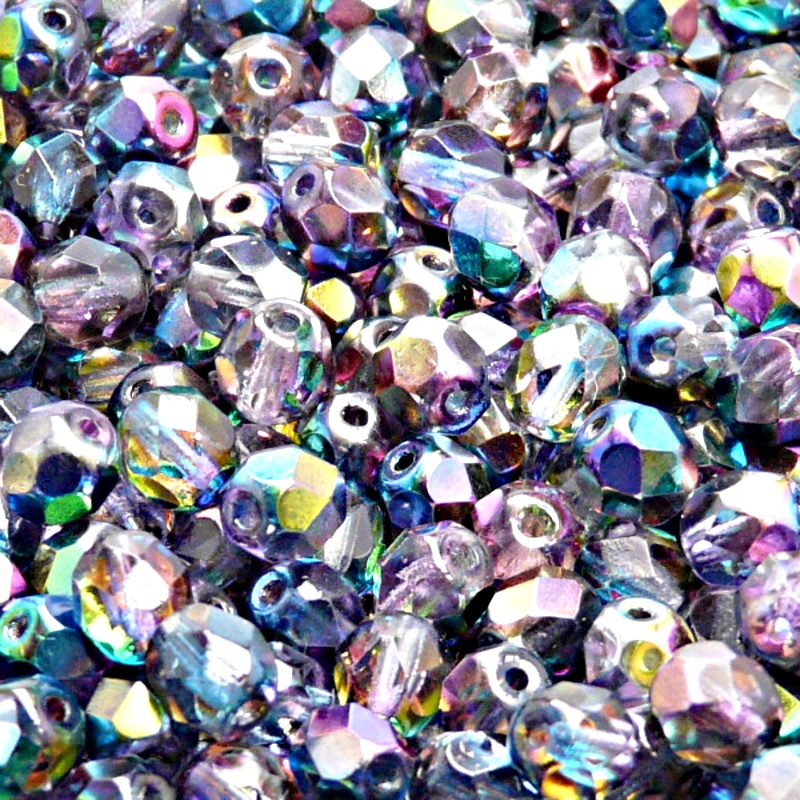 50ks České skleněné broušené ohňovky kulička 6mm čirá/ modro růžový magic