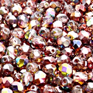 50ks České skleněné broušené ohňovky kulička 6mm čirá/ červeno hnědý magic