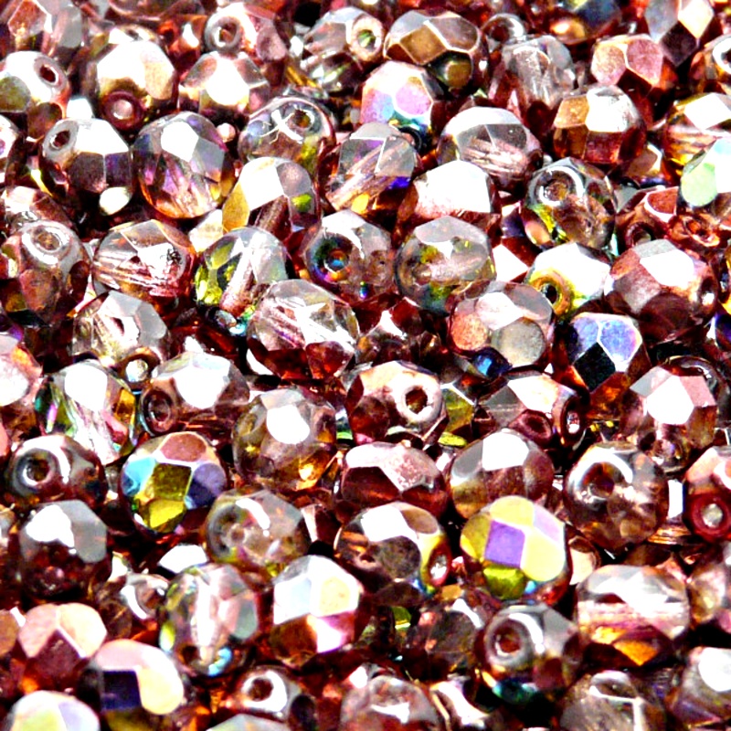 50ks České skleněné broušené ohňovky kulička 6mm čirá/ červeno hnědý magic