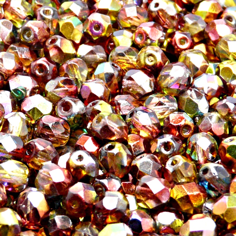 50ks České skleněné broušené ohňovky kulička 6mm čirá/ červeno žlutý magic