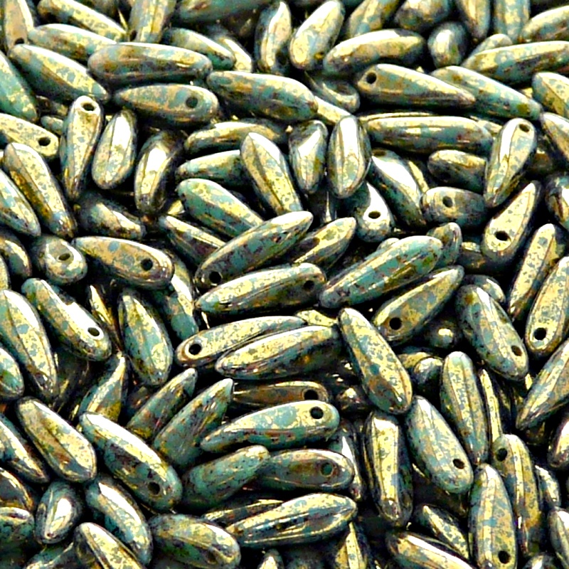 50ks České skleněné mačkané korálky jazýčky 3x11mm zelený tyrkys/ fialovo zlatý picasso listr