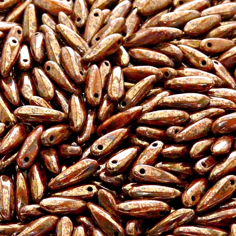 50ks České skleněné mačkané korálky jazýčky 3x11mm sytá oranžová/ fialovo zlatý picasso listr