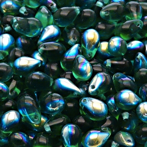 30ks České skleněné mačkané korálky kapky 6x9mm emerald/ AB polopokov