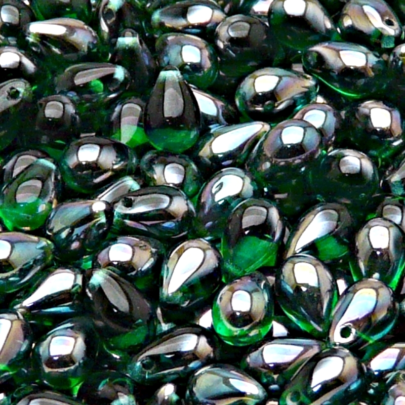 30ks České skleněné mačkané korálky kapky 6x9mm emerald/ celsian polopokov