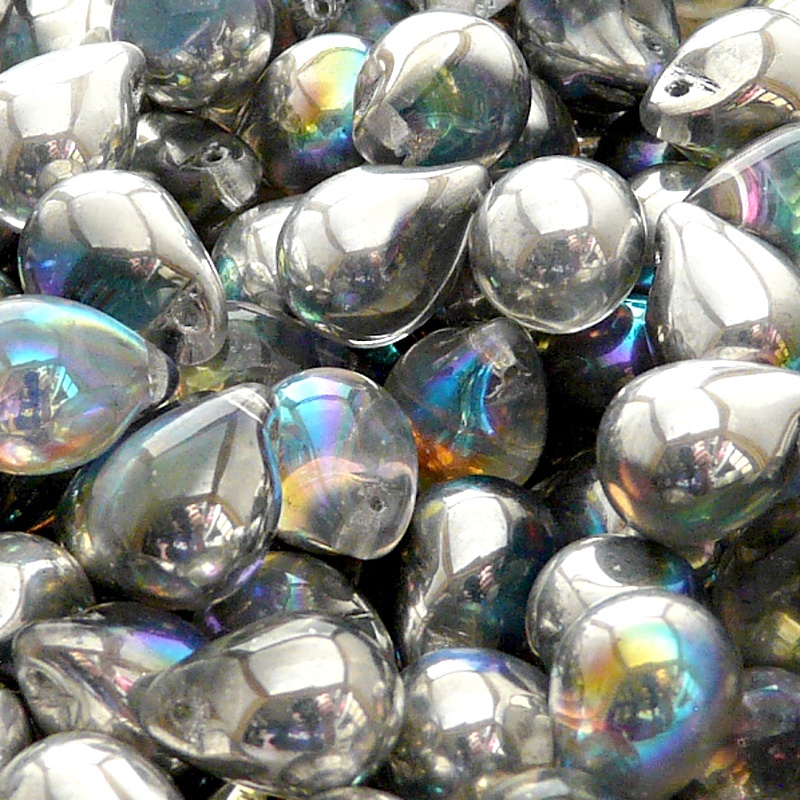 10ks České skleněné mačkané korálky kapky 10x14mm čirá/ stříbrná duha