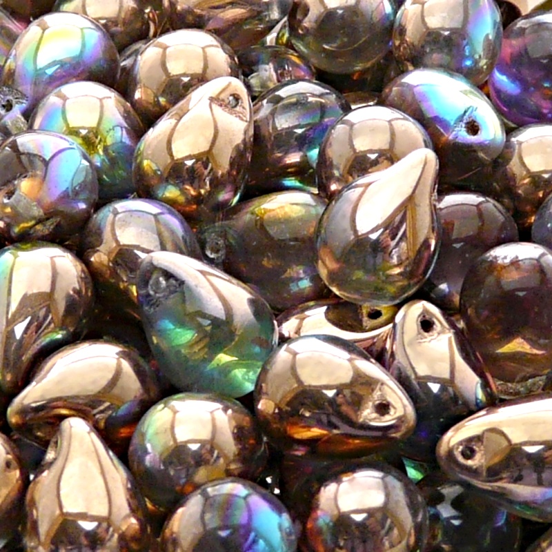 10ks České skleněné mačkané korálky kapky 10x14mm čirá/ měděná duha