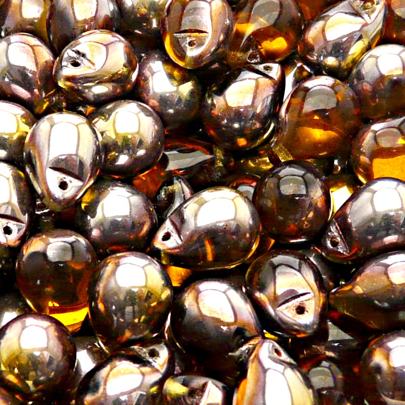 10ks České skleněné mačkané korálky kapky 10x14mm topas/ gold capri polopokov