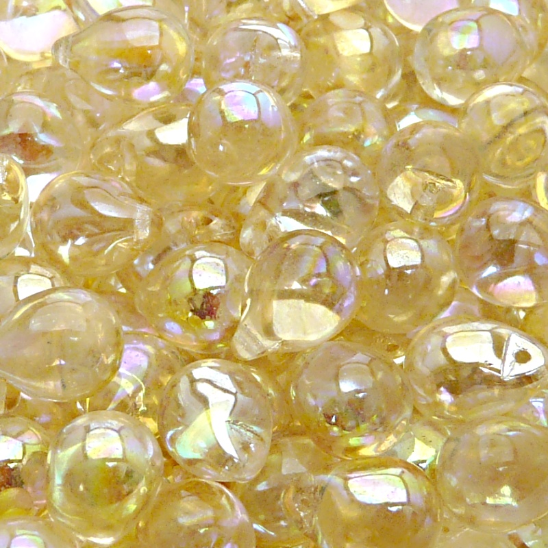 10ks České skleněné mačkané korálky kapky 10x14mm čirá/ žlutá duha