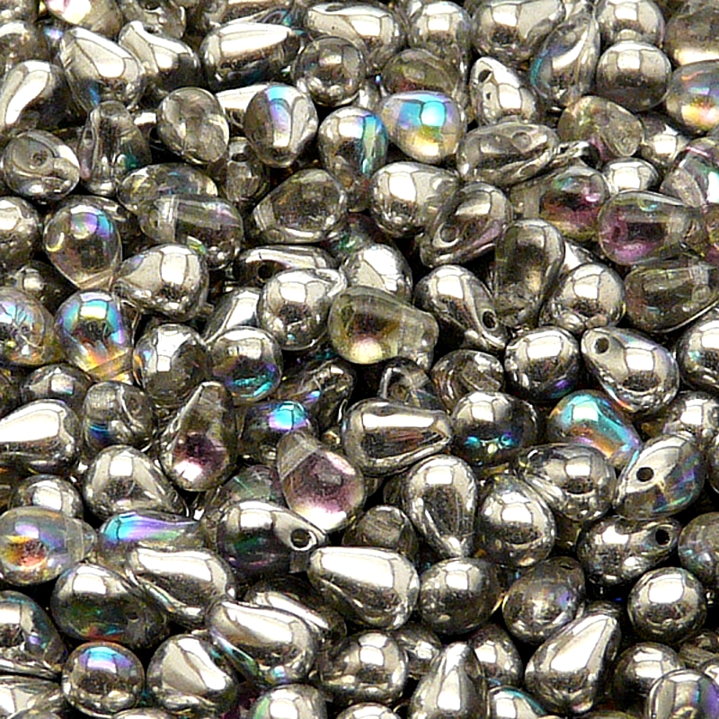 50ks České skleněné mačkané korálky kapky 4x6mm čirá/ stříbrná duha