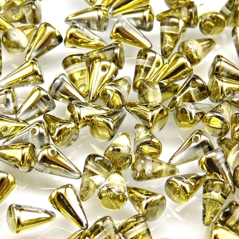 50ks České skleněné mačkané korálky trny 5x8mm čirá/ zlato polopokov