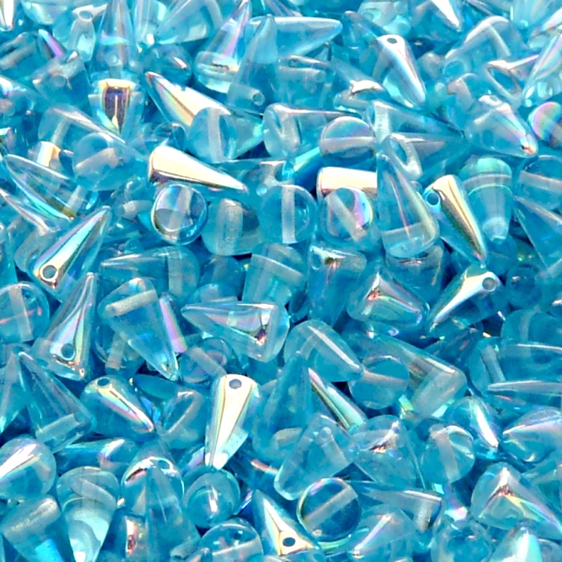 50ks České skleněné mačkané korálky trny 5x8mm světlá akva/ AB polopokov