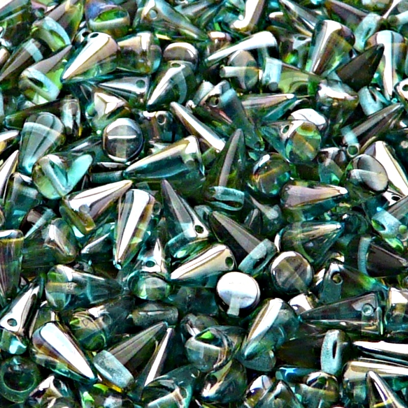 50ks České skleněné mačkané korálky trny 5x8mm světlá akva/ celsian polopokov
