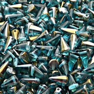 50ks České skleněné mačkané korálky trny 5x8mm světlá akva/ valentinit polopokov