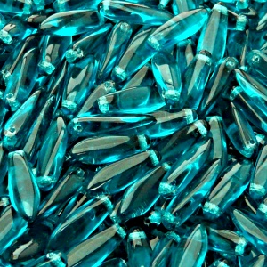 30ks České skleněné mačkané korálky jazýčky 5x16mm zelená akva