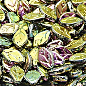 25ks České skleněné mačkané korálky lístečky 7x12mm černá/ vitrail celopokov