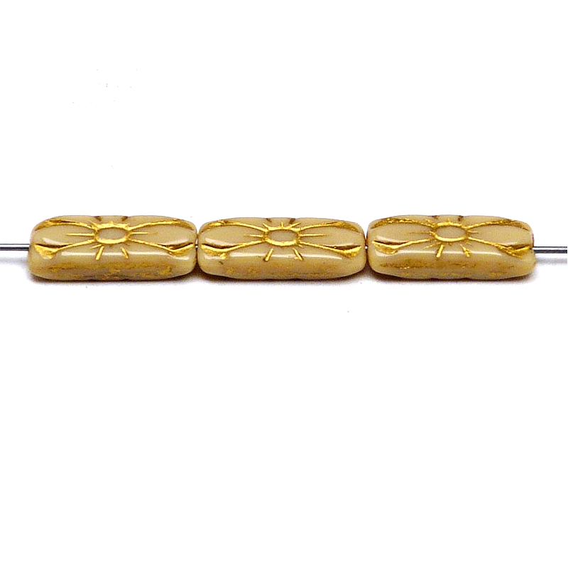 8ks České skleněné mačkané korálky obdelník 20x8mm sytá béžová/ zlatý zátěr