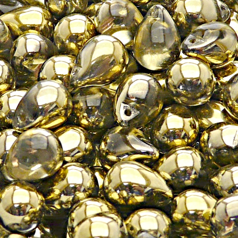10ks České skleněné mačkané korálky kapky 10x14mm čirá/ zlato polopokov