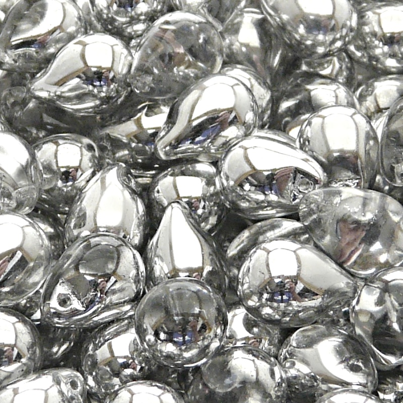 10ks České skleněné mačkané korálky kapky 10x14mm čirá/ hliník polopokov