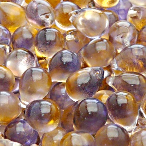 10ks České skleněné mačkané korálky kapky 10x14mm čirá/ oranžovo-fialový dvoubarevný stříkaný dekor