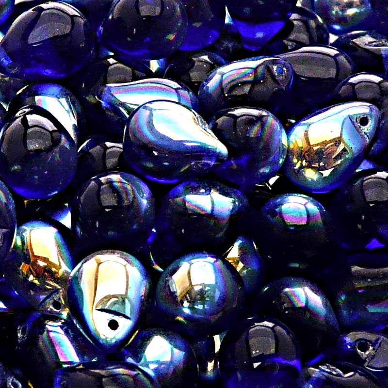 10ks České skleněné mačkané korálky kapky 10x14mm modrý kobalt/ AB polopokov