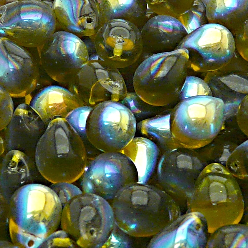 10ks České skleněné mačkané korálky kapky 10x14mm hnědý olivín/ AB polopokov
