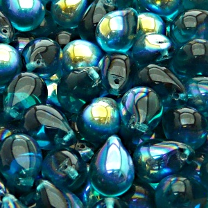10ks České skleněné mačkané korálky kapky 10x14mm zelená akva/ AB polopokov