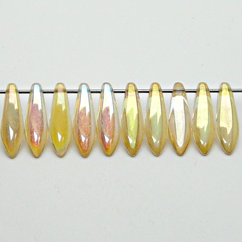 30ks České skleněné mačkané korálky jazýčky 5x16mm čirá/ žlutá duha