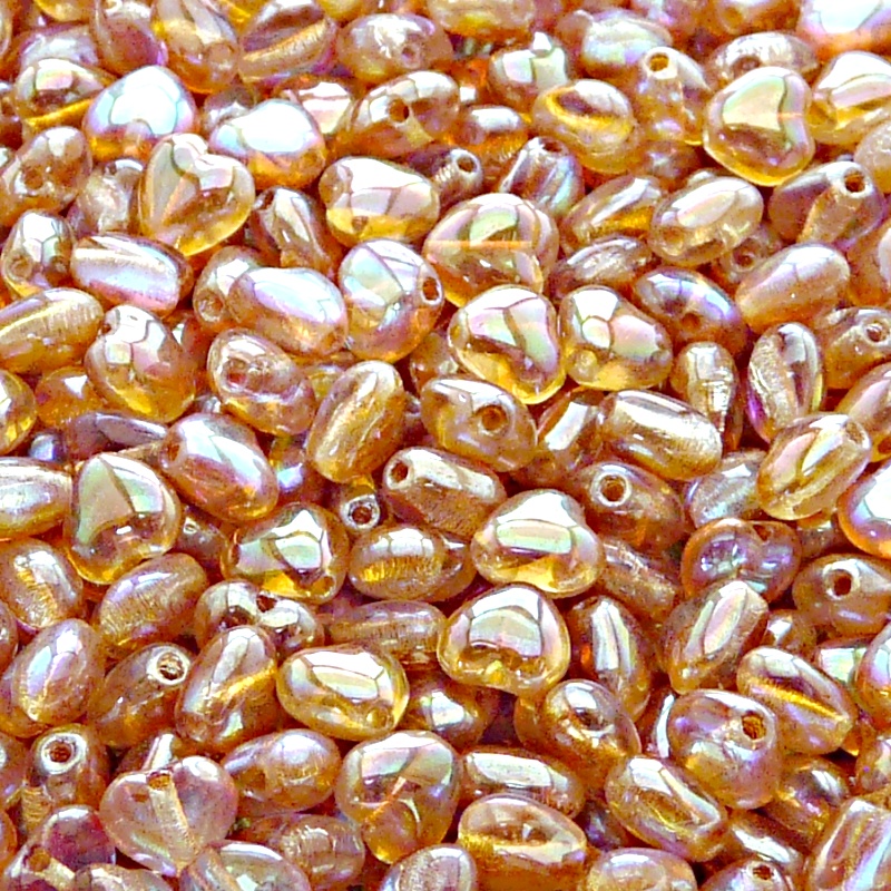 50ks České skleněné mačkané korálky srdíčko 6mm čirá/ oranžová duha