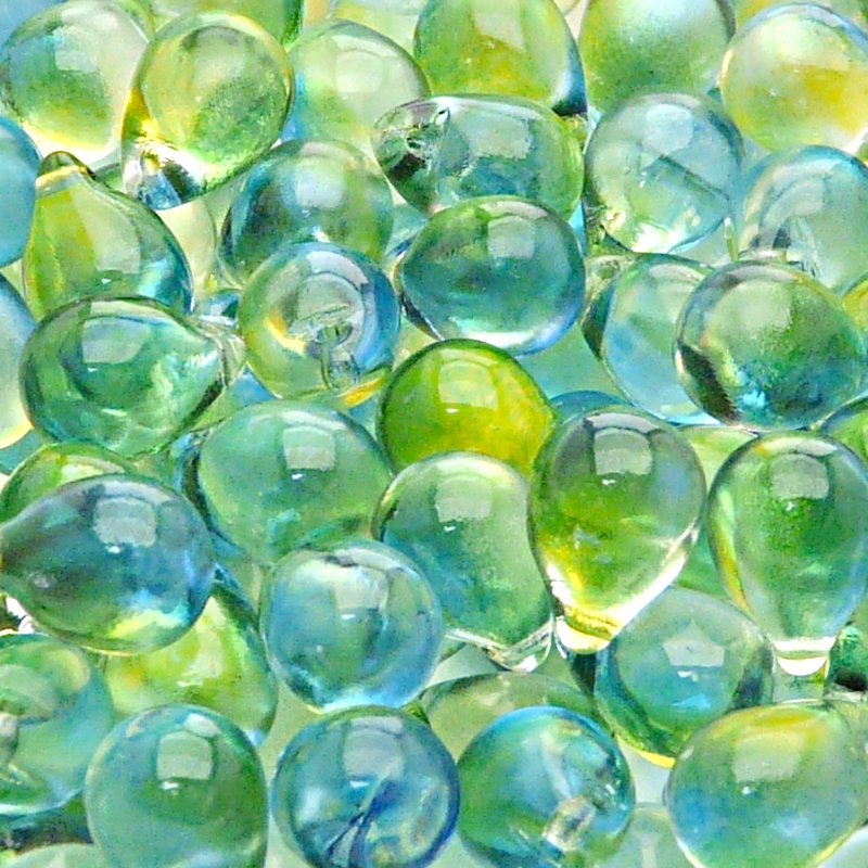 10ks České skleněné mačkané korálky kapky 10x14mm čirá/ žluto-azurový dvoubarevný stříkaný dekor