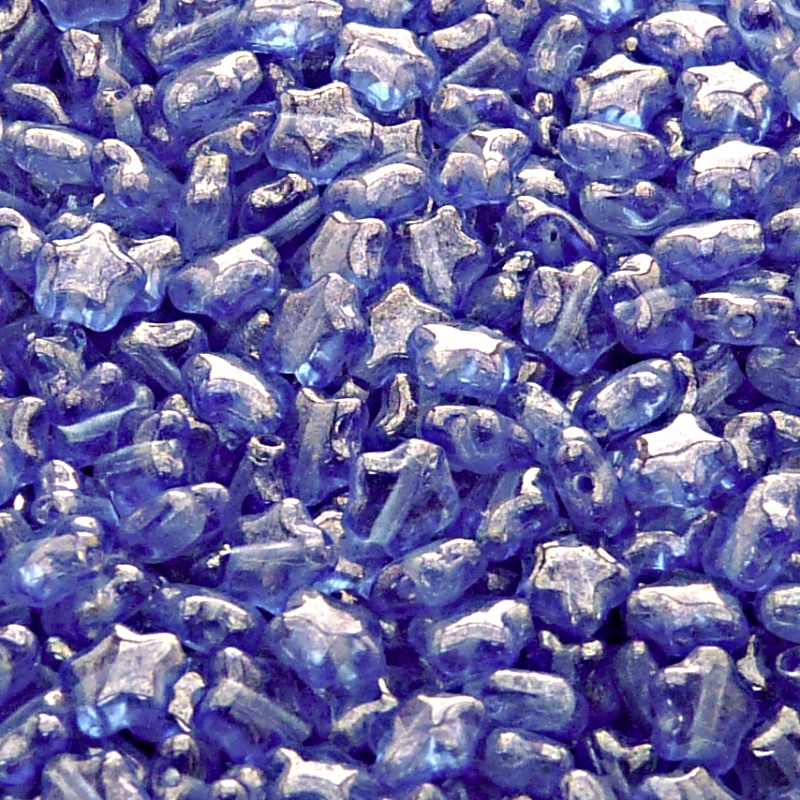40ks České skleněné mačkané korálky hvězdička 6mm safír/ bílý listr