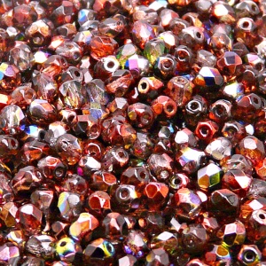 100ks České skleněné broušené ohňovky kulička 4mm čirá/ červeno hnědý magic