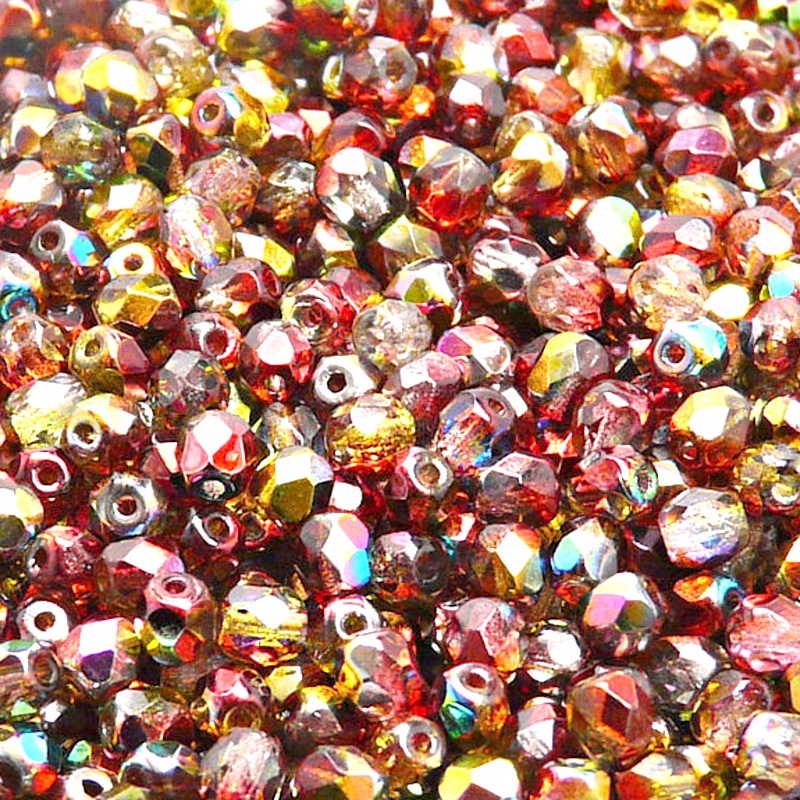100ks České skleněné broušené ohňovky kulička 4mm čirá/ červeno žlutý magic