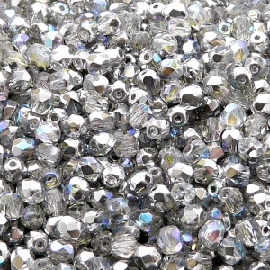 100ks České skleněné broušené ohňovky kulička 4mm čirá/ stříbrná duha