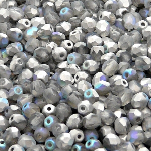 100ks České skleněné broušené ohňovky kulička 4mm čirá/ stříbrná duha mat
